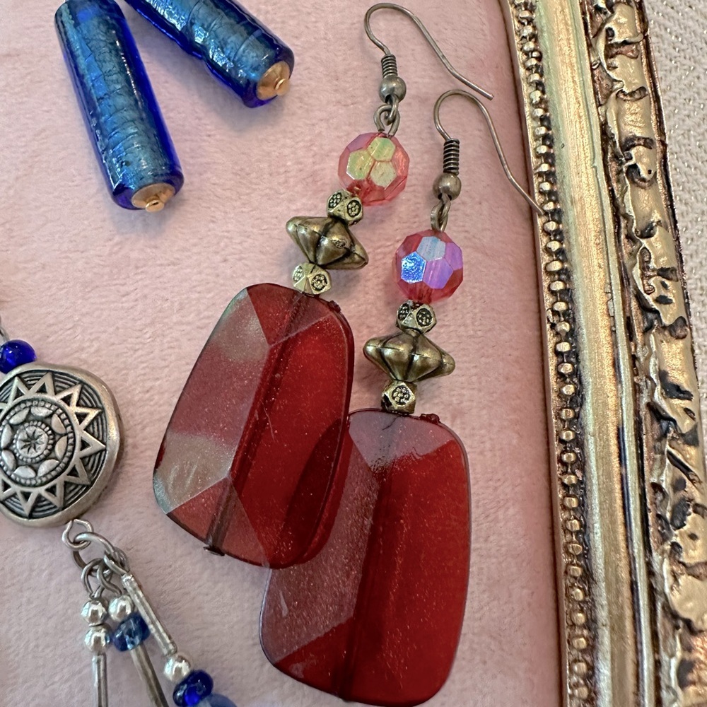 Blue and Red Earring Bundle Set of 3 Bohemian Style Boho Burnished Gold Tone - Picture 8 of 12